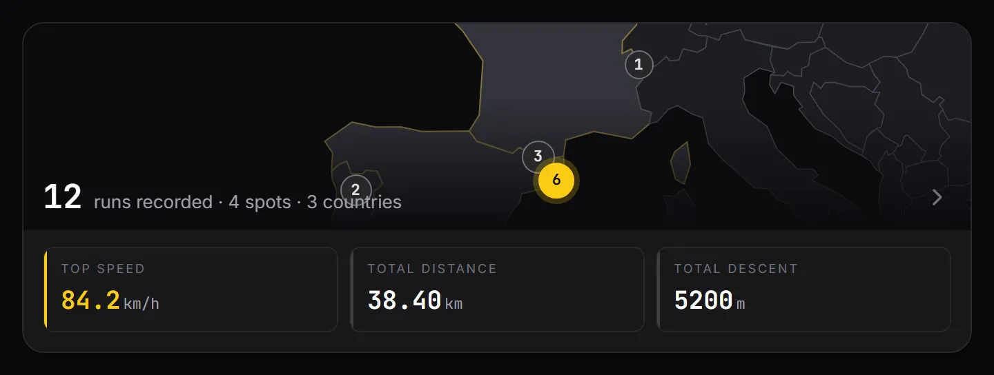 Runs card: a world map of your spots and your lifetime totals