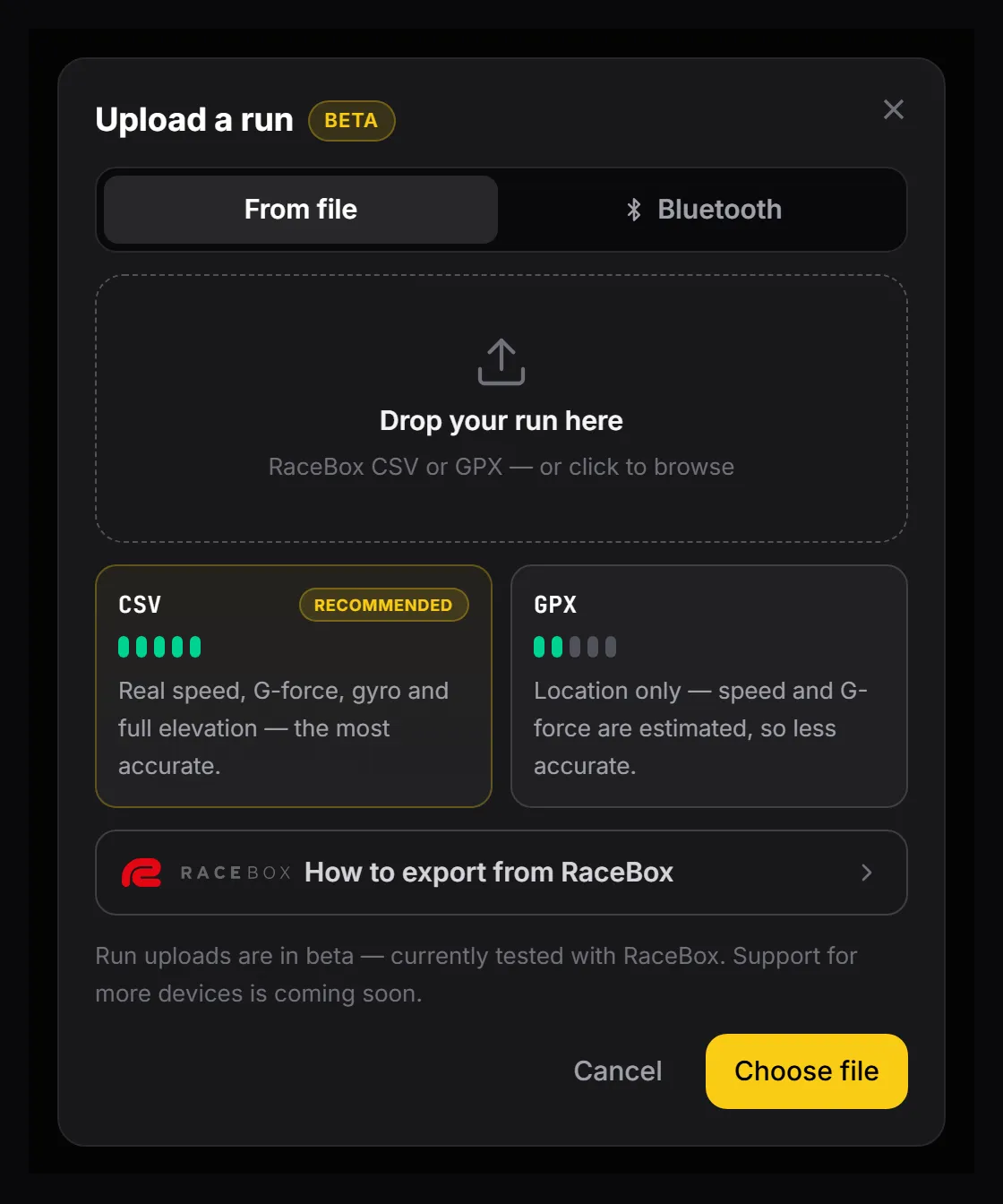 Upload a run: the From file and Bluetooth tabs, the drop zone and the CSV and GPX accuracy cards