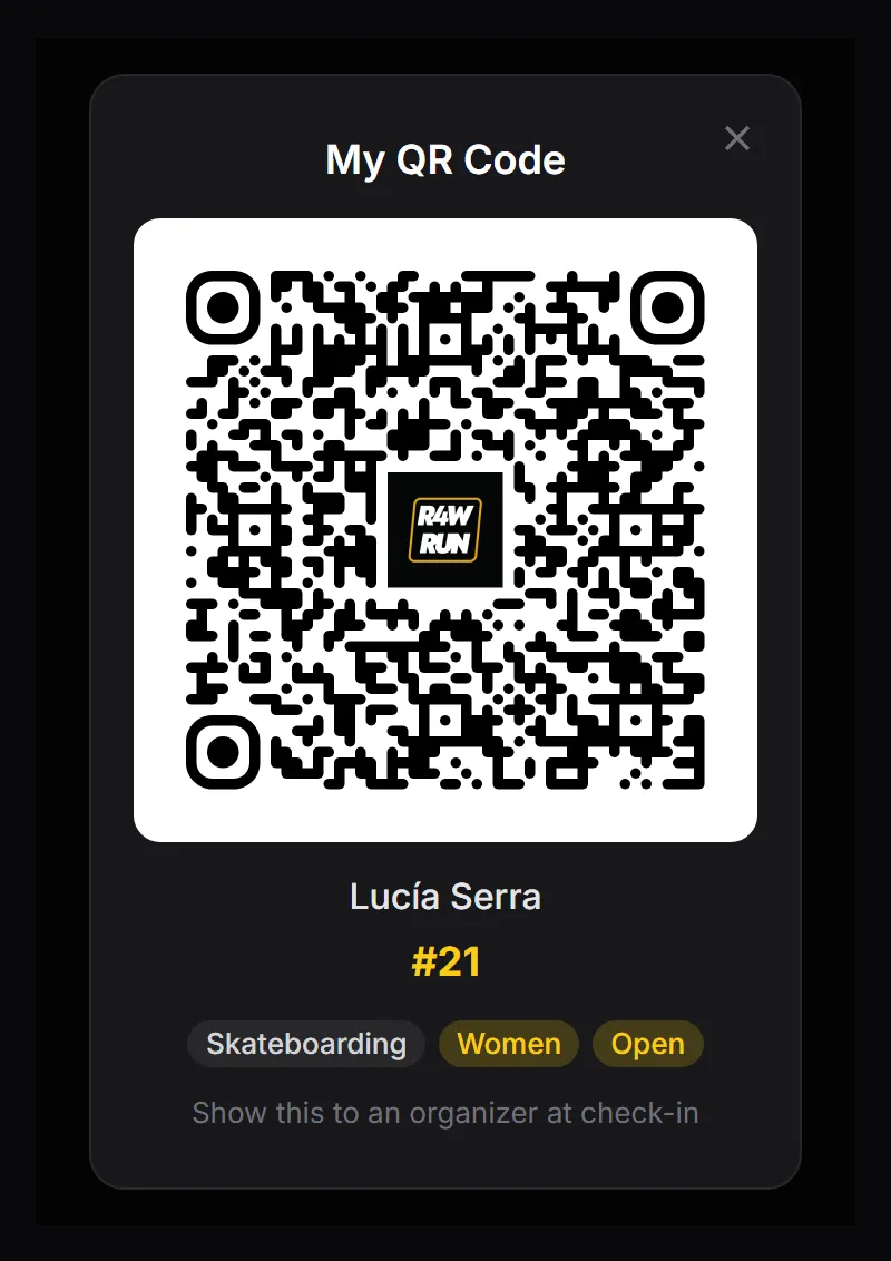 My QR Code: the code, the rider's name, bib 21 and categories