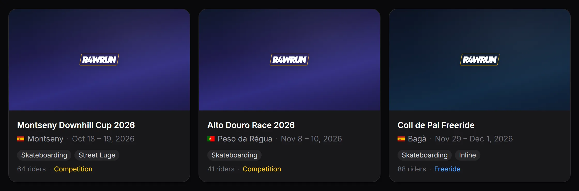 Three event cards with dates, flags, disciplines, rider counts and the event type