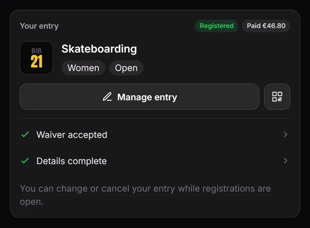 Your entry card: bib 21, discipline, categories, Paid, Manage entry, the QR button, waiver accepted and details complete