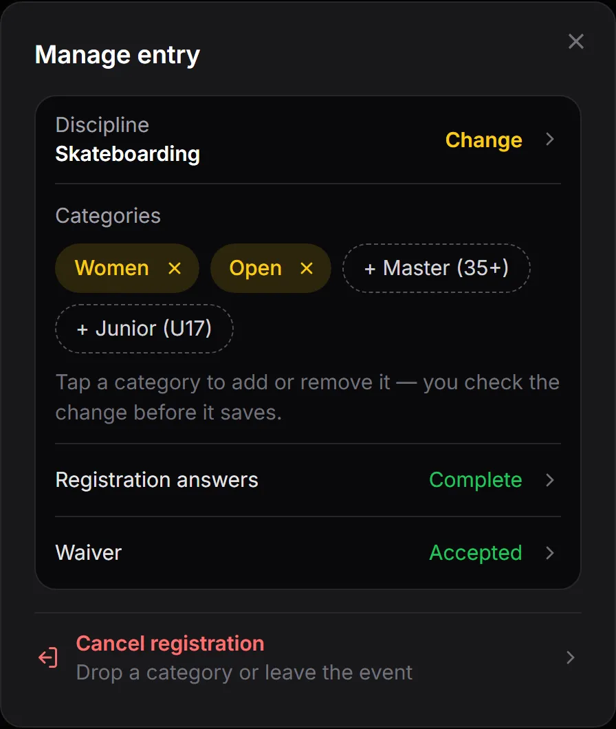 Manage entry sheet: discipline, categories to add or remove, answers, waiver and Cancel registration