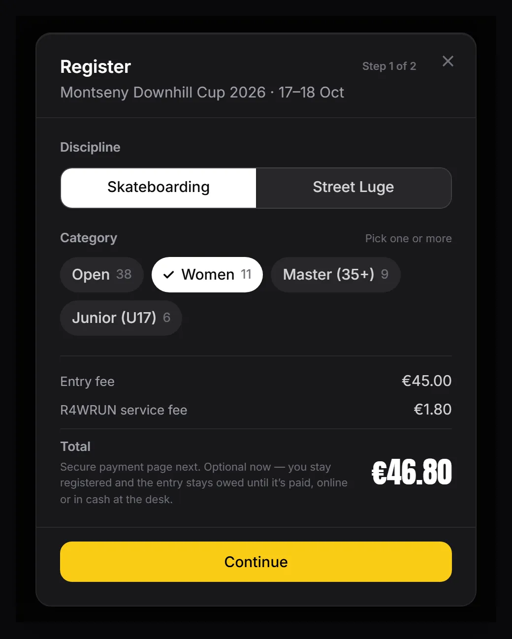 Register sheet, step 1: the discipline, categories with how many riders are in each, and the fee