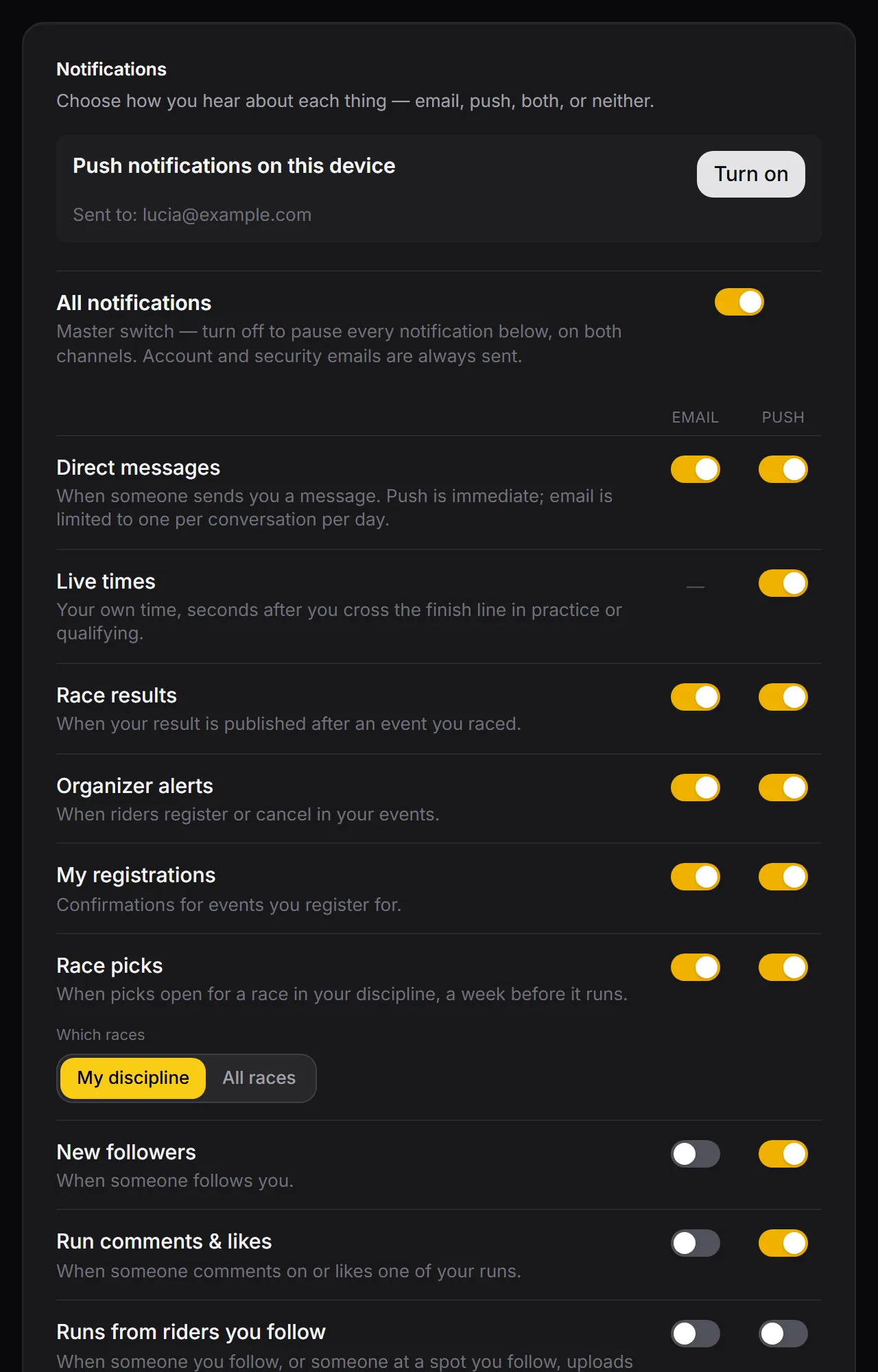 Notifications card: the push row for this device, the master switch and the email and push switches for each kind of update
