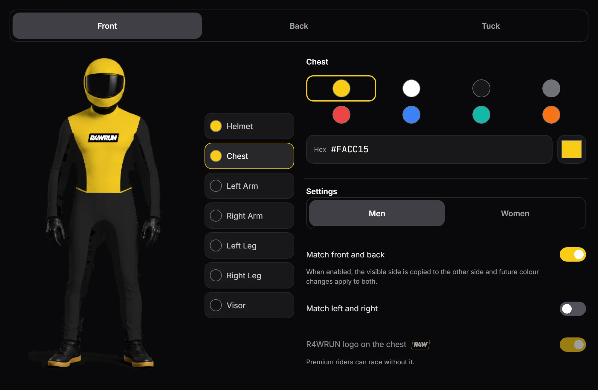 Suit Studio: the front view, the list of zones and the colour swatches