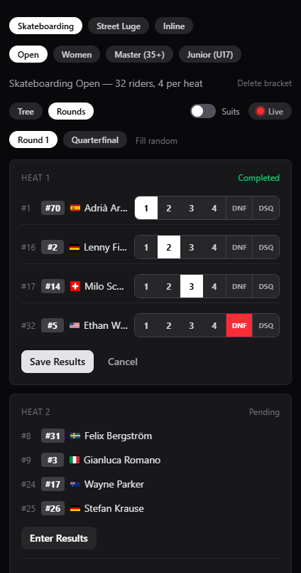 Bracket rounds and heat results in r4wRun